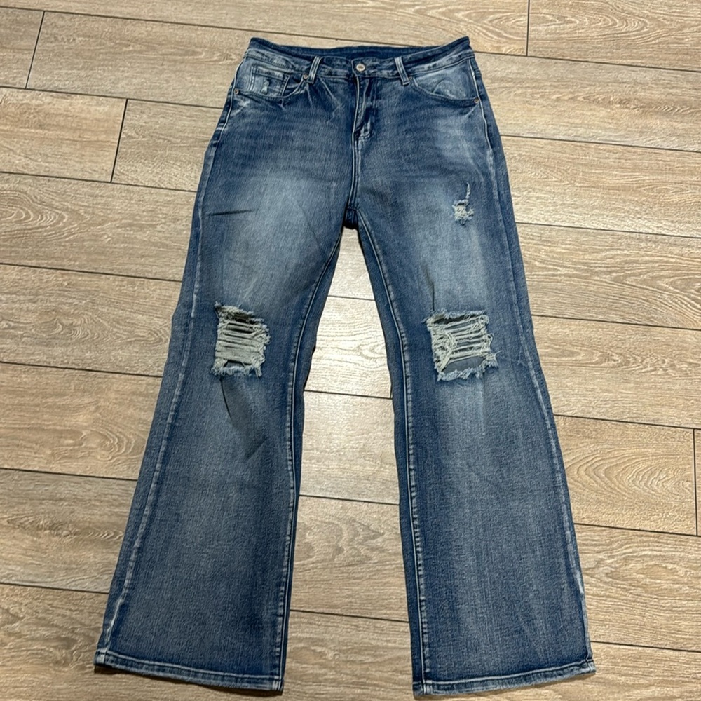 Women's Ripped High Waisted Flared Jeans Wide Leg Destroyed Denim